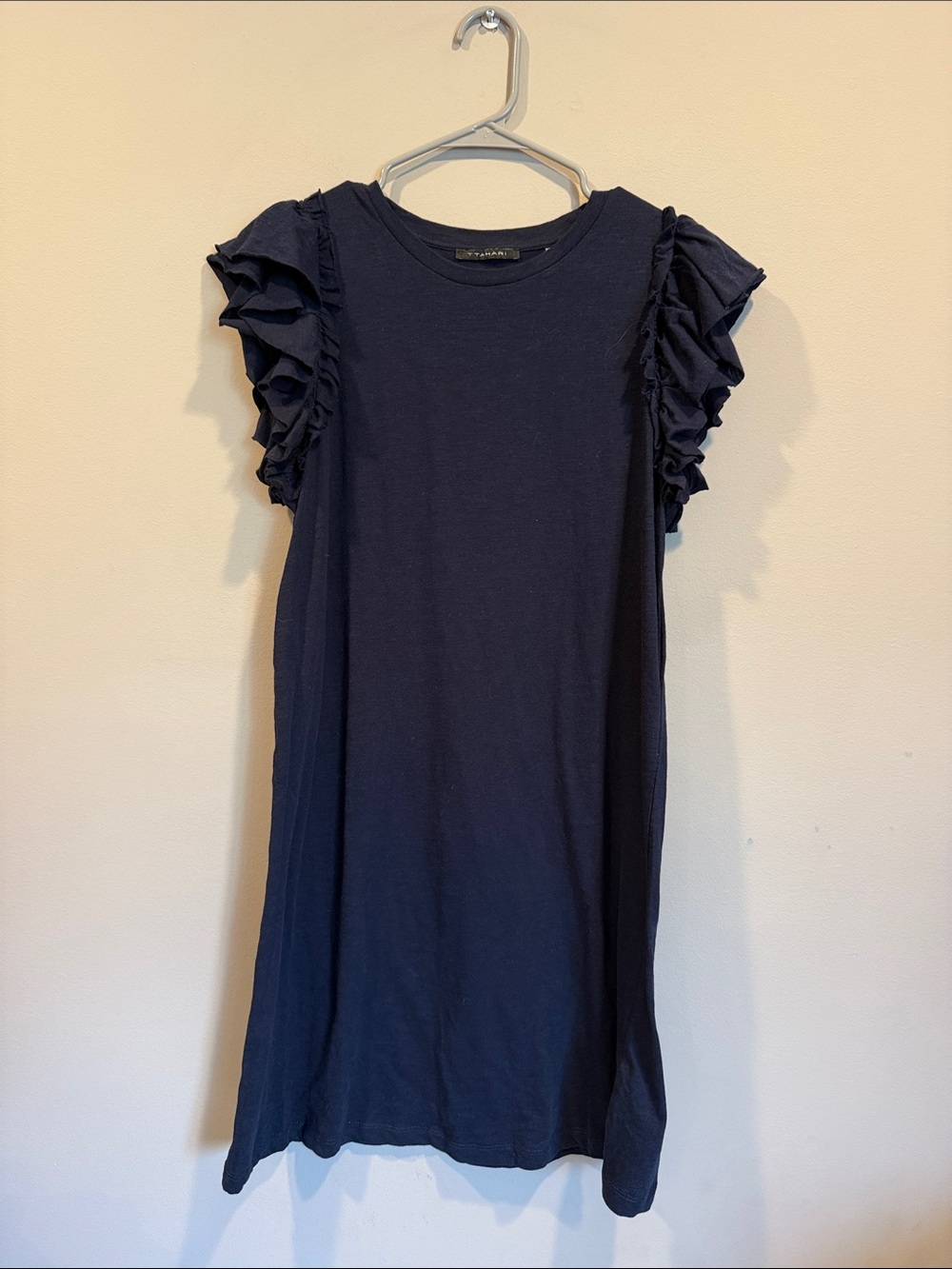 T Tahari Navy Ruffle Sleeve womens Dress
